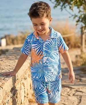 Babyhug Single Jersey Knit Half Sleeves Front Open Co-Ord Shirt and Shorts Set with Leaves Print - Blue