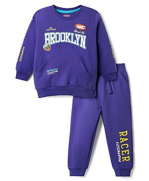 Babyhug Single Jersey Knit Full Sleeves T-shirt & Lounge Pant Set With Text Print - Purple