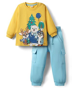 Babyhug Single Jersey Knit Full Sleeves T-Shirt & Lounge Pant Set With Animal Print - Yellow & Light Blue