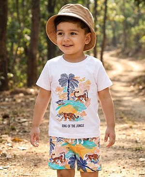 Babyhug Single Jersey Knit Half Sleeves T-Shirt & Shorts Set with Jungle Theme Print - White