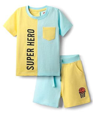 Babyhug Single Jersey Knit Half Sleeves T-Shirt & Shorts Set With Text Print - Light Blue