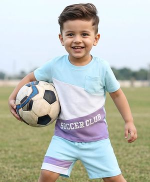 Babyhug Single Jersey Knit Half Sleeves Cut & Sew T-Shirt & Shorts Set with Text Print - Aqua Blue