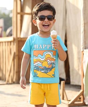 Babyhug Single Jersey Knit Half Sleeves T-Shirt & Shorts Set With Beach Print - Light Blue & Yellow