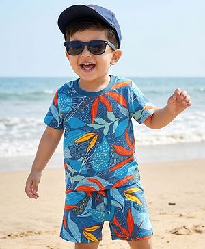 Babyhug Single Jersey Knit Half Sleeves T-Shirt & Shorts Co-ord Set with Tropical Print - Blue