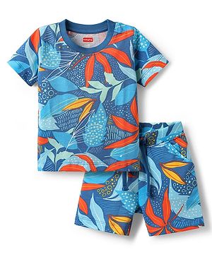 Babyhug Single Jersey Knit Half Sleeves T-Shirt & Shorts Co-ord Set with Tropical Print - Blue