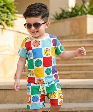 Babyhug Single Jersey Knit Half Sleeves T-Shirt & Shorts Co-ord Set with Smiley Print - White