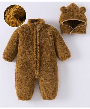 Mark & Mia Full Sleeves Solid Colour Winter Wear Rompers With Cap - Brown