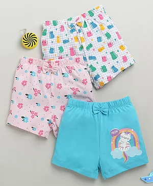 BUMZEE Cotton Knit Above Knee Length
                              Floral & Cat Printed Shorts With Bow
                              Applique Pack of 3 - Baby Pink White &
                              Light Blue