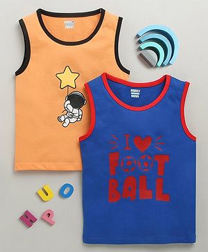 BUMZEE Cotton Knit Sleeveless Tank T-Shirts with Astronut & Text Print Pack of 2 - Royal Blue & Orange