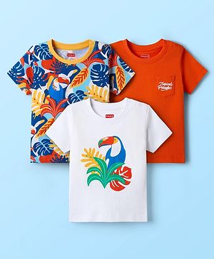 Babyhug Cotton Knit Half Sleeves T-Shirts With Tropical & Animal Print Pack Of 3 - Blue & White