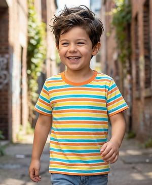 Babyhug Cotton Knit Half Sleeves T-Shirt With Stripes - Orange & Yellow