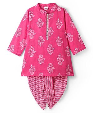 Babyhug Cotton Woven Full Sleeves Kurta Dhoti Set With Floral Print - Pink