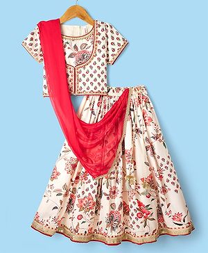 Babyhug Cotton Woven Half Sleeves Floral Printed Choli Lehenga & Dupatta Set With Lace Detailing - Cream