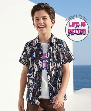 Pine Kids Viscose Woven Half Sleeves Abstract Printed Shirt With Sleeveless Tank T-Shirt With Text Print - Multicolour
