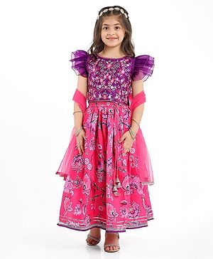 Babyhug Woven Frill Sleeves Choli Lehenga Set And Dupatta With Floral  Print & Embroidery with Lace Detailing - Purple & Dark Pink