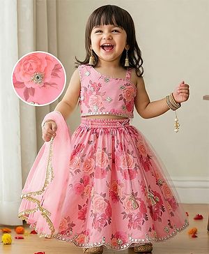 Babyhug Woven Sleeveless Choli Lehenga Set & Dupatta With Floral Embroidery & Lace Detailing - Pink