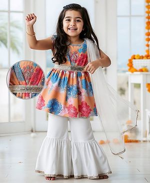 Babyhug Georgette Woven Short Sleeves Kurti Palazzo  Set With Dupatta  Lace Detailing & Sequin Floral Embroidery - Muticolour