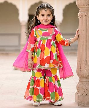Babyhug 100% Cotton Three Fourth Sleeves Girls Kurti Pallazzo & Dupatta Set with All over Print & Lace Detailing - Dark Pink & Green