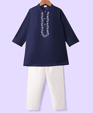 Babyhug Woven Full Sleeves Kurta & Pajama Set With Floral Embroidery Detailing - Navy Blue