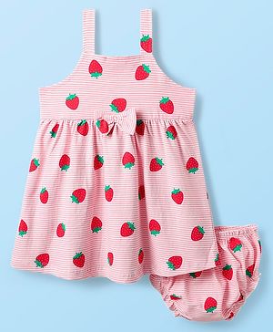 Babyhug Single Jersey Knit Sleeveless Striped Frock With Strawberry Print & Bloomer - Pink