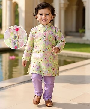 Babyhug Woven Full Sleeves Kurta Pyjama Set With Floral Print - Lavender