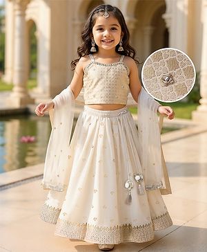 Babyhug Woven Sleeveless Choli Lehenga Set with Dupatta with Brocade Embroidery & Lace Detailing  - Offwhite