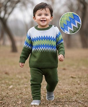 Babyhug Knitted Full Sleeves Sweater Set With Chevron Design - Olive Green & Blue