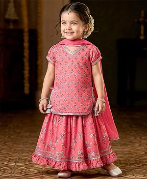 Babyhug Woven Half Sleeves Choli Lehenga Set & Dupatta With Floral Print & Lace Detailing - Pink