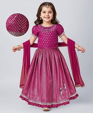 Babyhug Woven Half Sleeves Floral Embroidery Choli Lehenga Set & Dupatta With  Chevron Design & Lace Detailing - Fuschia