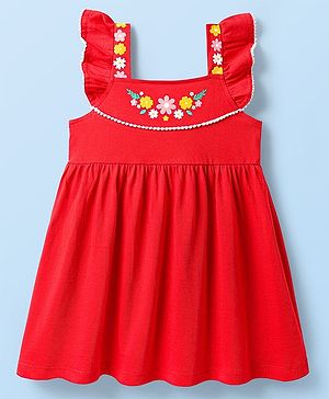 Babyhug Single Jersey Knit Frill Sleeves Frock With Floral Print - Red