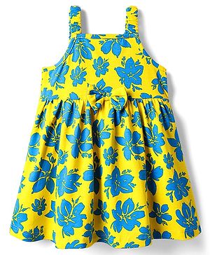Babyhug Single Jersey Knit Sleeveless Frock With Floral Print & Bow Applique - Yellow & Blue
