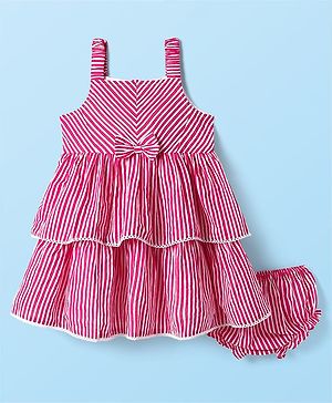 Babyhug Cotton Knit Sleeveless Striped Layered Frock with Bloomer & Bow Applique - Pink