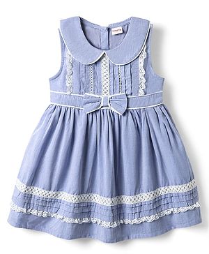 Babyhug Cotton Woven Sleeveless Peter Pan Collared Frock with Bow Applique & Lace Detailing - Light Blue