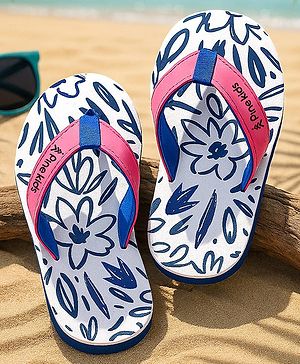 Pine Kids Slip On Flip Flops with Floral Print - White Blue & Pink