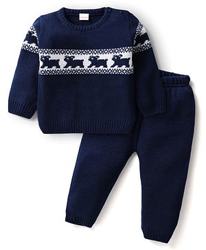 Babyhug Knitted Full Sleeves Sweater Set With Animal Design - Navy Blue