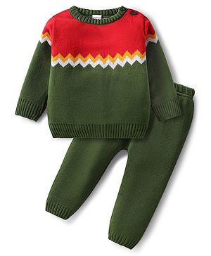 Babyhug Knitted Full Sleeves Sweater Set With Color Block Design - Dark Green & Orange