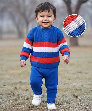 Babyhug Knitted Full Sleeves Sweater Set With Color Block & Cable Knit Design - Royal Blue