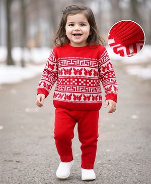 Babyhug Knit Full Sleeves Sweater Set With Butterfly Design - Red & White