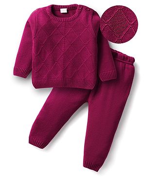 Babyhug Knit Full Sleeves Sweater Set With Square Design - Wine