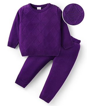 Babyhug Knitted Full Sleeves Sweater Set With Argyle Design - Purple