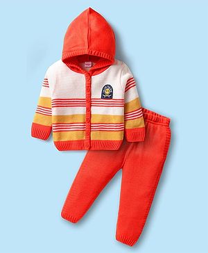 Babyhug Full Sleeves Hooded Front Open Sweater Set With Smiley & Stripe Design - White & Orange