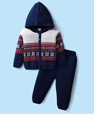 Babyhug Full Sleeves Hooded Front Open Sweater Set With Floral & Stripe Design - White & Navy Blue