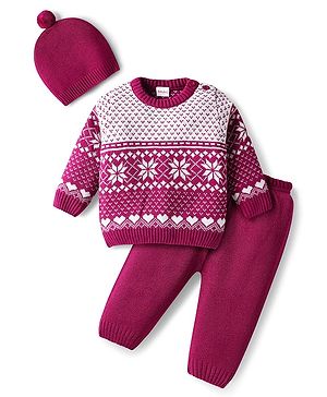Babyhug Knitted Full Sleeves Pullover Sweater Set With Heart Design & Cap - Wine