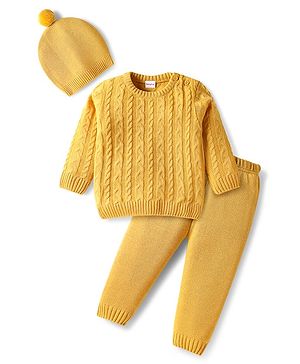 Babyhug Knitted Full Sleeves Pullover Sweater Set With Cable Knit Design & Cap - Mustard