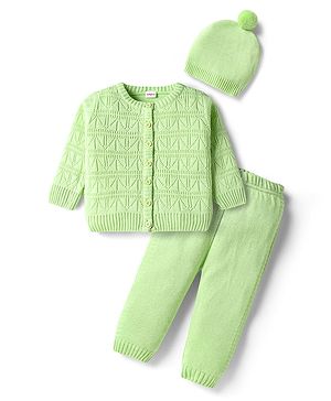 Babyhug Knitted Full Sleeves Solid Front Open Sweater Set With Cap - Lime Green