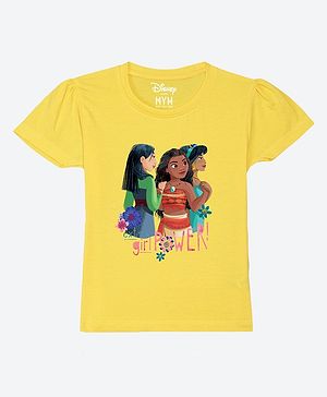 Wear Your Mind Cotton Disney Princesses Featuring Half Sleeves Characters Printed Tee - Yellow