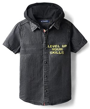 Pine Kids Cotton Woven Front Open Half Sleeves Hooded Shirt With Text Print - Black