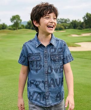 Pine Kids Woven Half Sleeves Washed Denim Shirt With Text Print - Blue