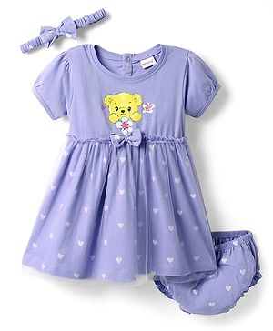 Babyhug Cotton Knit Half Sleeves Bear & Floral Printed Frock With Bloomer & Headband - Purple