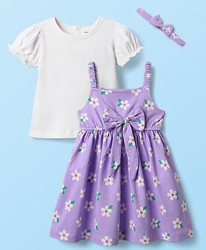 Babyhug Cotton Knit Half Sleeves T-Shirt & Frock With Floral Print & Bow Applique - Purple